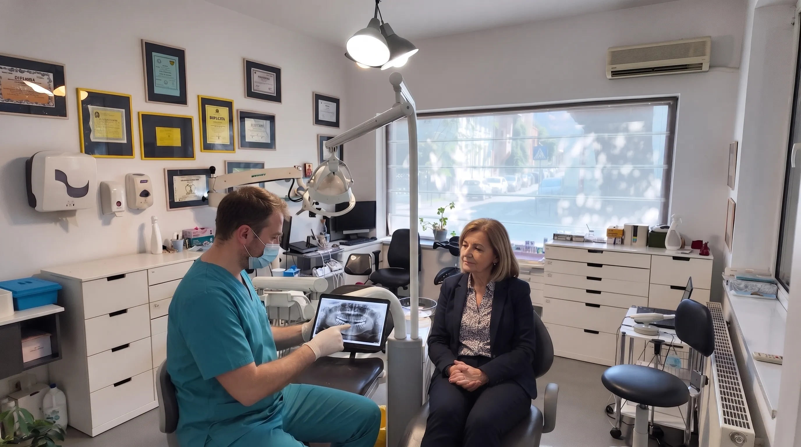 Illustrative composite image representing a scene at our partner clinic — a dentist showing a patient her X-ray on a tablet