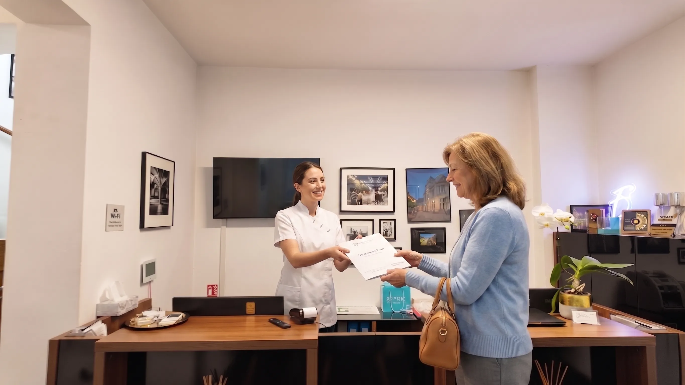 Illustrative composite image representing a scene at our partner clinic — a receptionist handing a patient their printed treatment plan