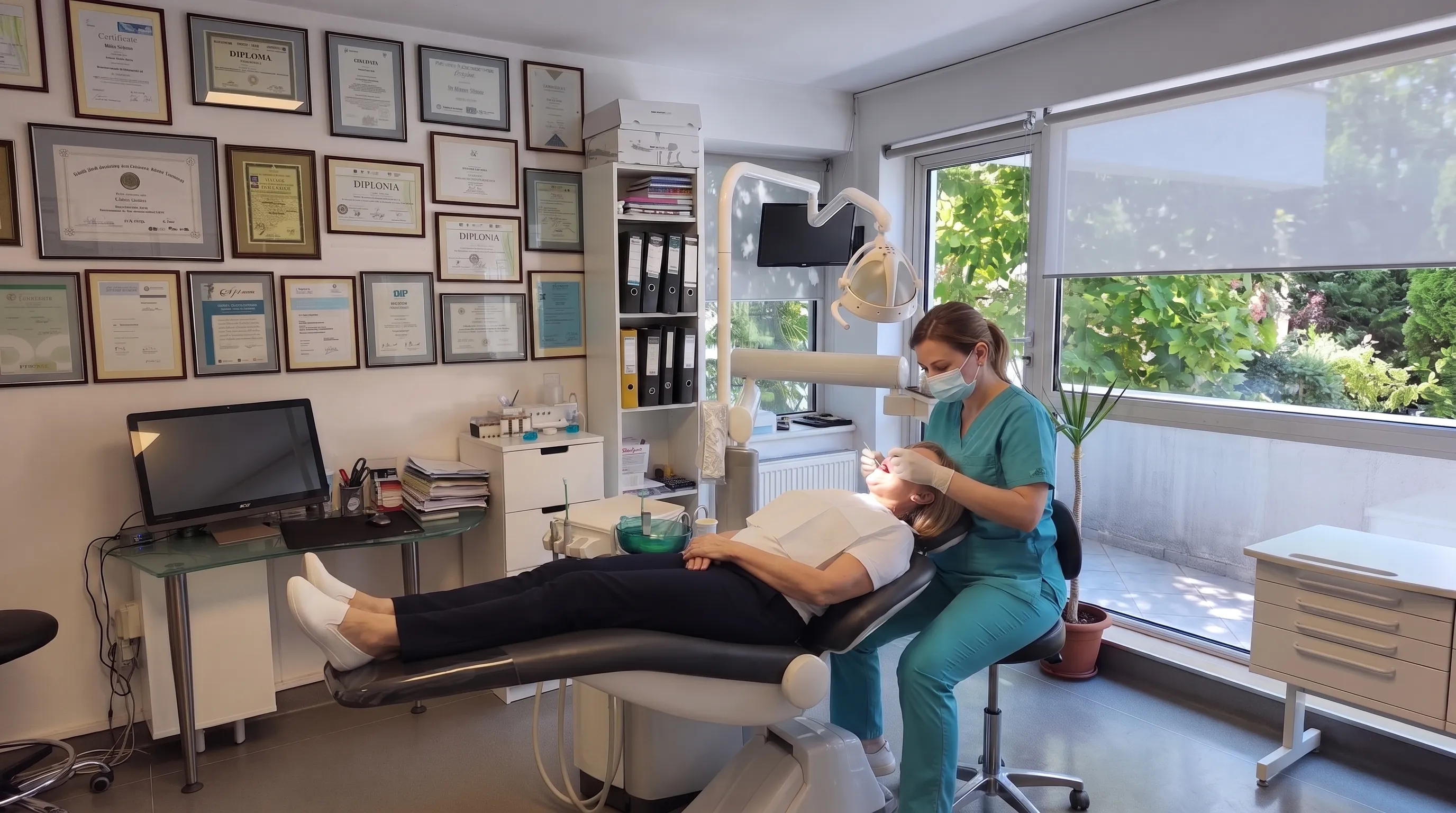 Illustrative composite image representing a scene at our partner clinic in Bucharest — a dentist treating a patient in a treatment room