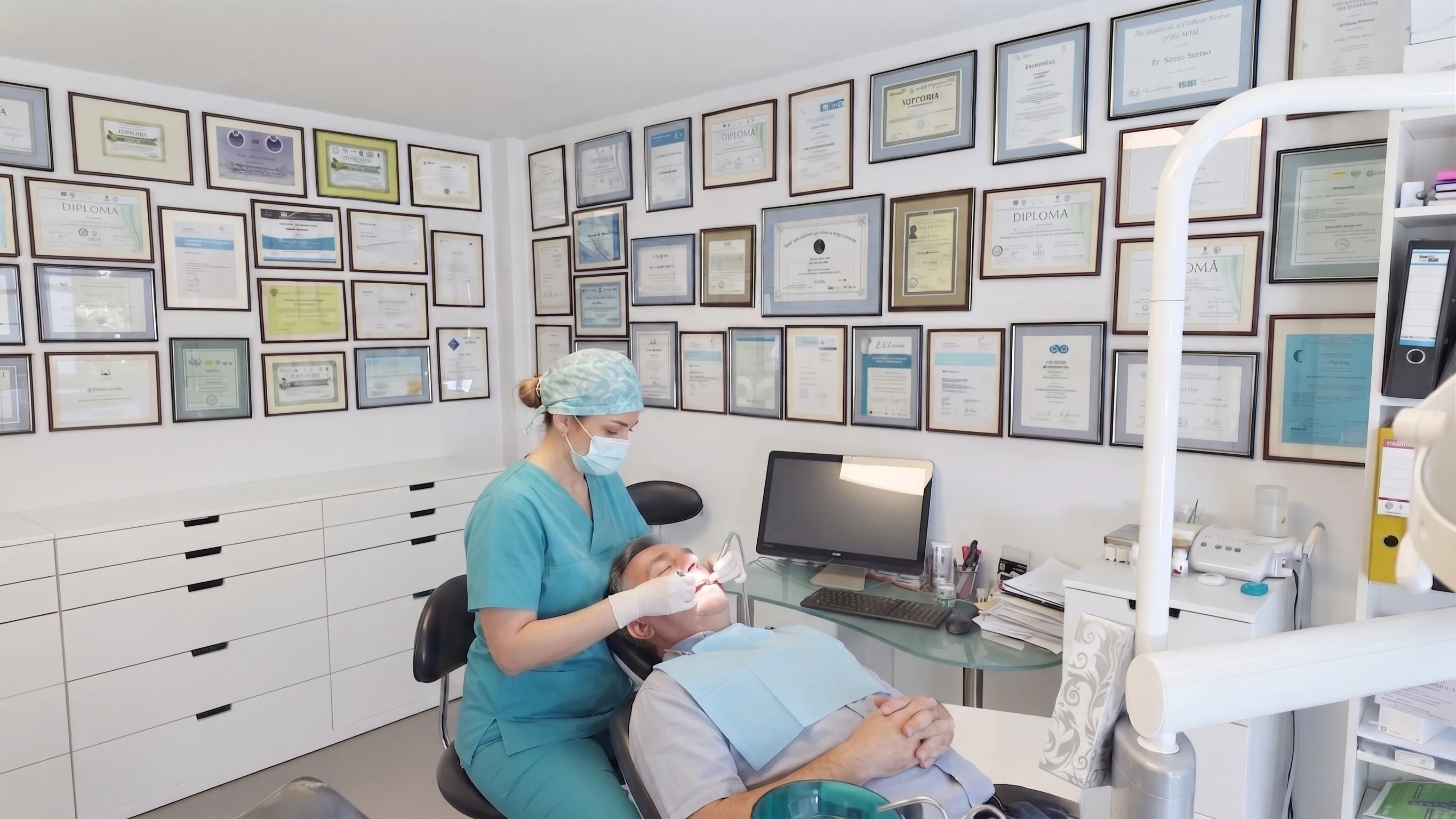 Illustrative composite image representing a scene at our partner clinic in Bucharest, showing a dentist treating a patient in a daylight treatment room