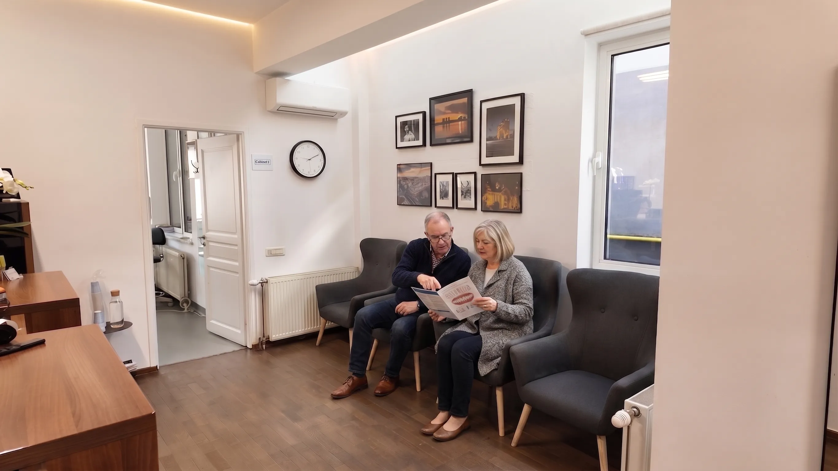 Illustrative composite image representing a scene at our partner clinic — a couple reading their treatment plan together in the waiting room