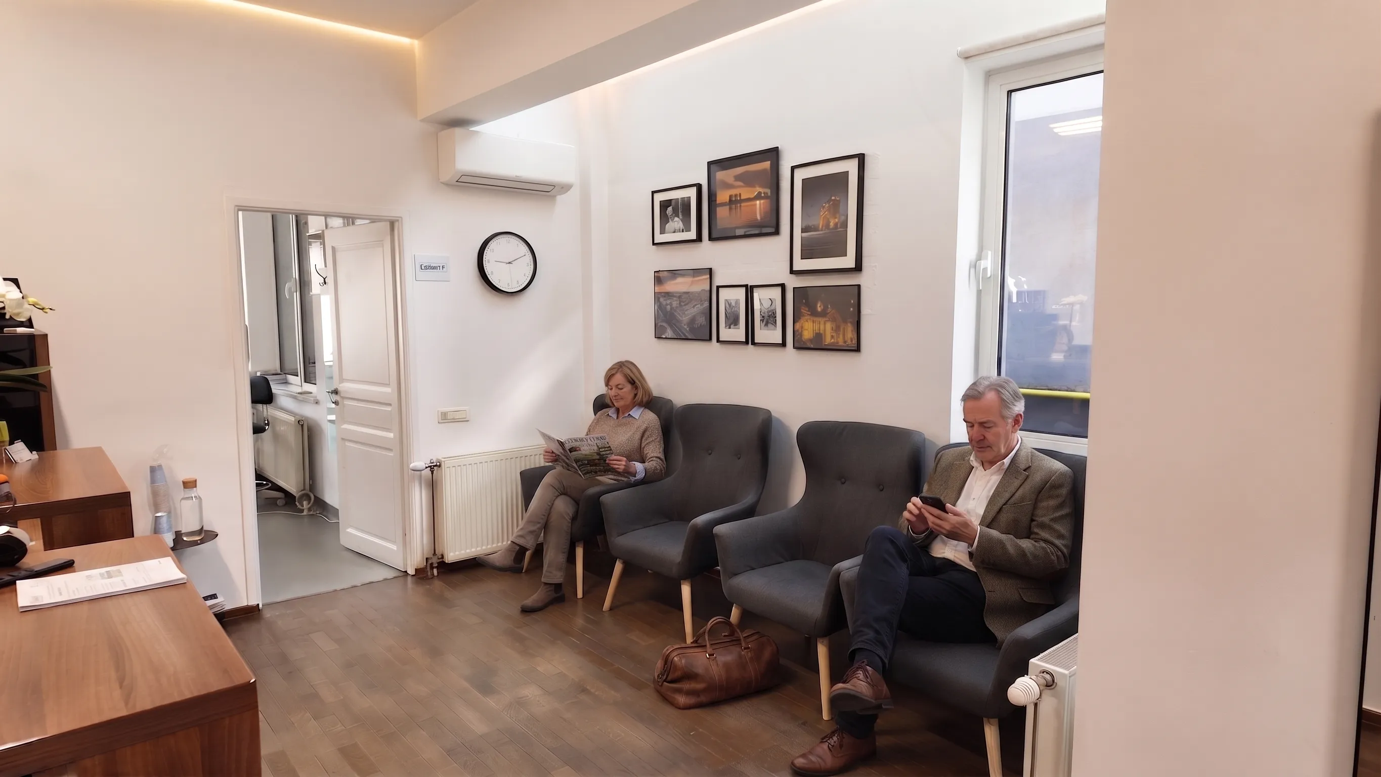 Illustrative composite image representing a scene at our partner clinic in Bucharest — patients in the waiting room