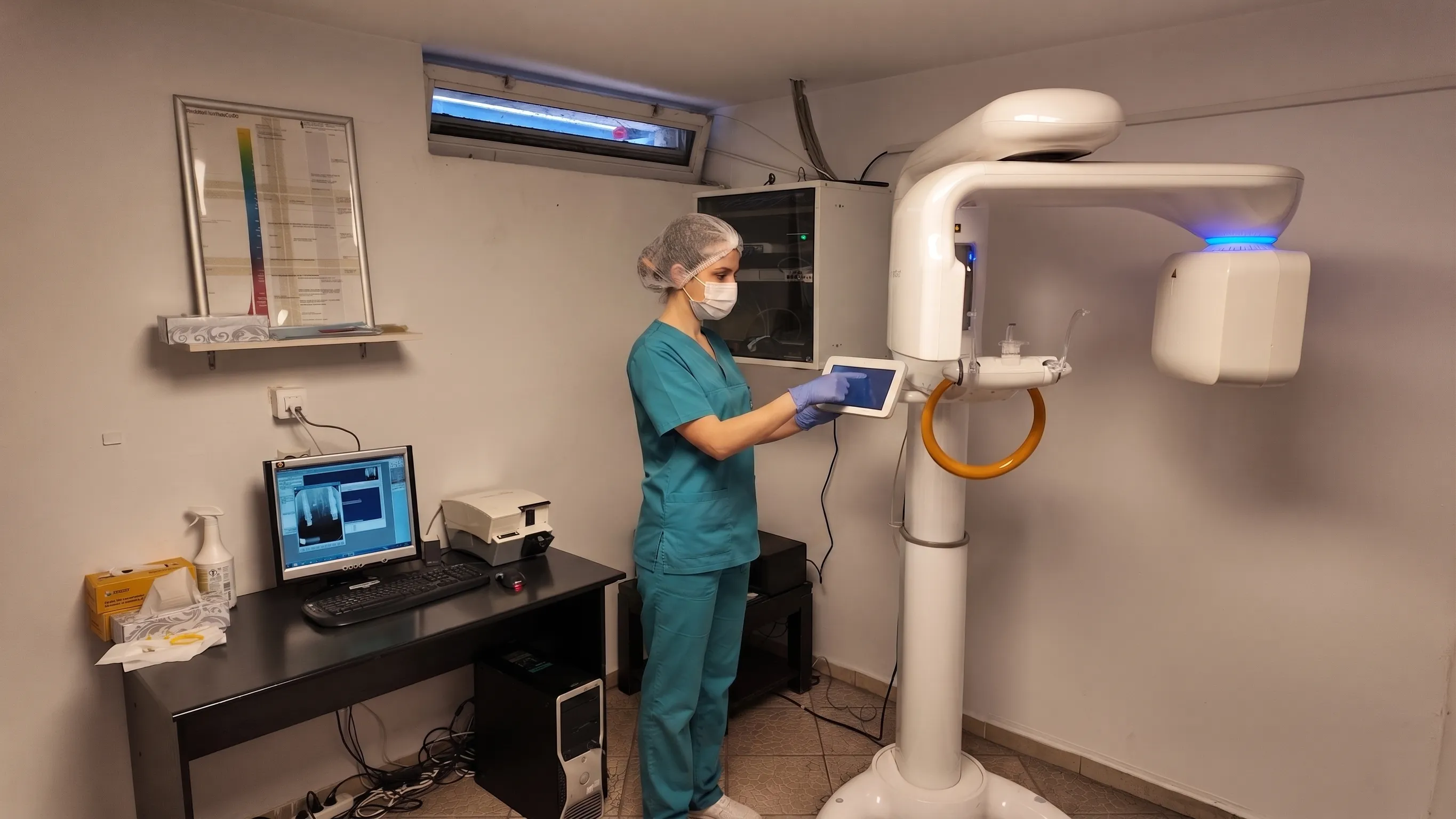 Illustrative composite image representing a scene at our partner clinic in Bucharest, showing a radiographer at the panoramic X-ray machine used in implant planning